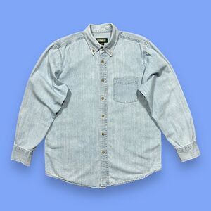 Vintage Denim Shirt y2k Long Sleeve Button Up Faded Blue Cotton Mens Medium